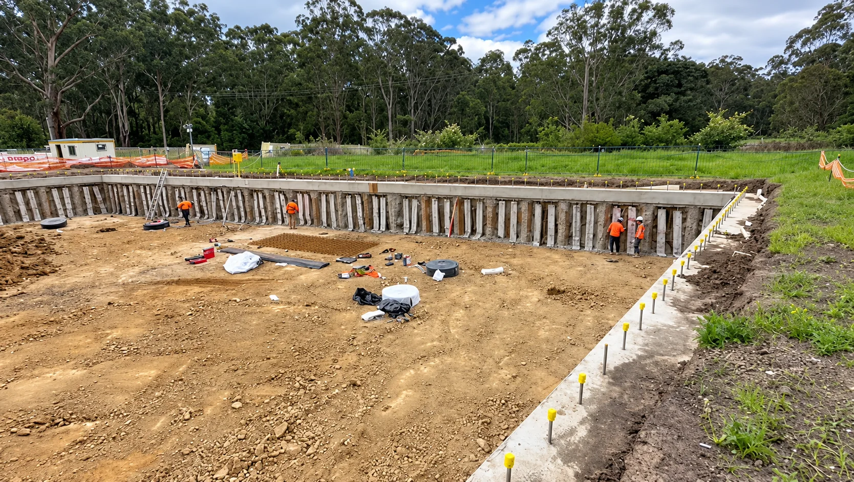 Concrete pile retaining wall at an excavated site